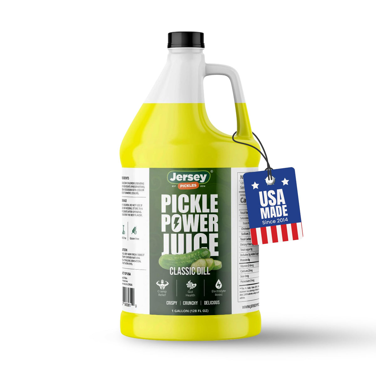Jersey Pickles classic dill juice bottle showcases bold flavor and hydration potential.