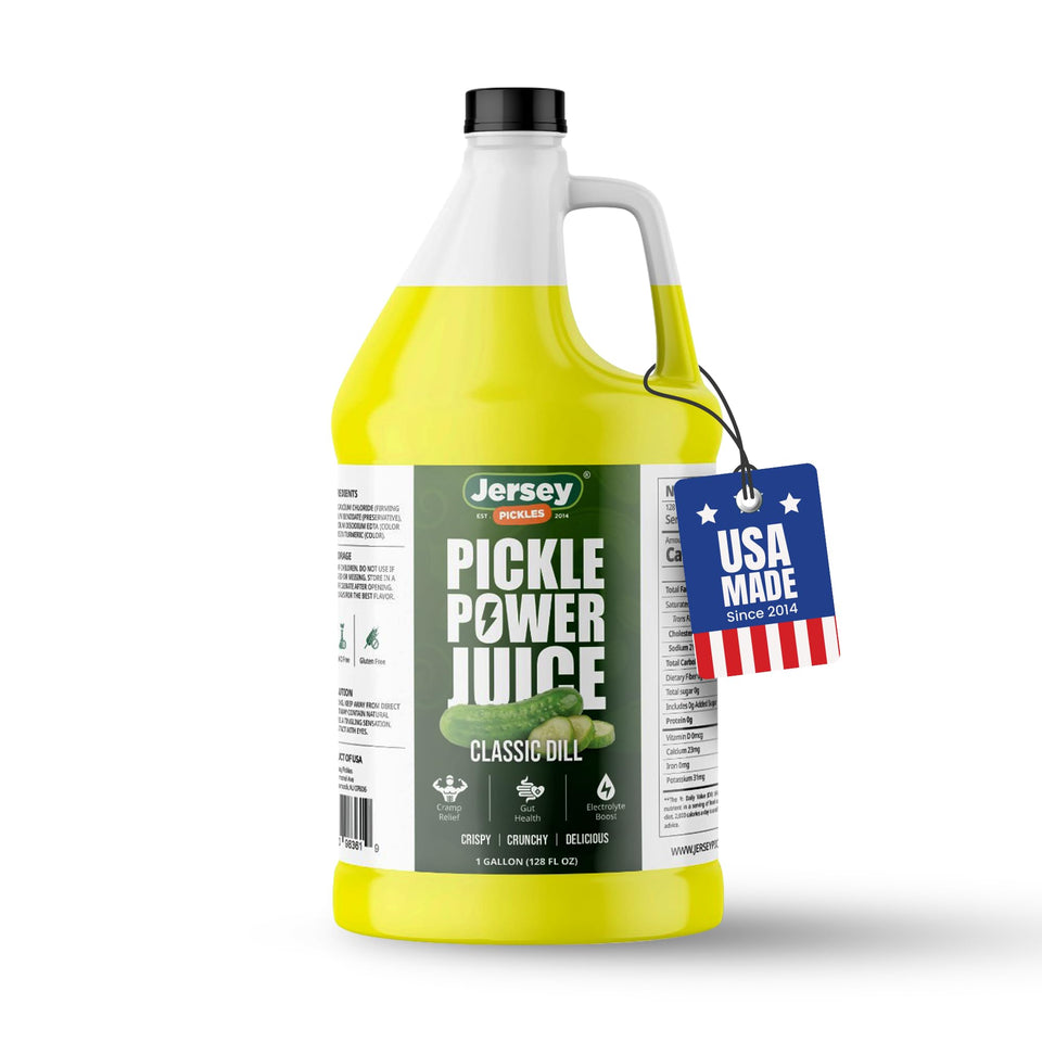 Jersey Pickles classic dill juice bottle showcases bold flavor and hydration potential.