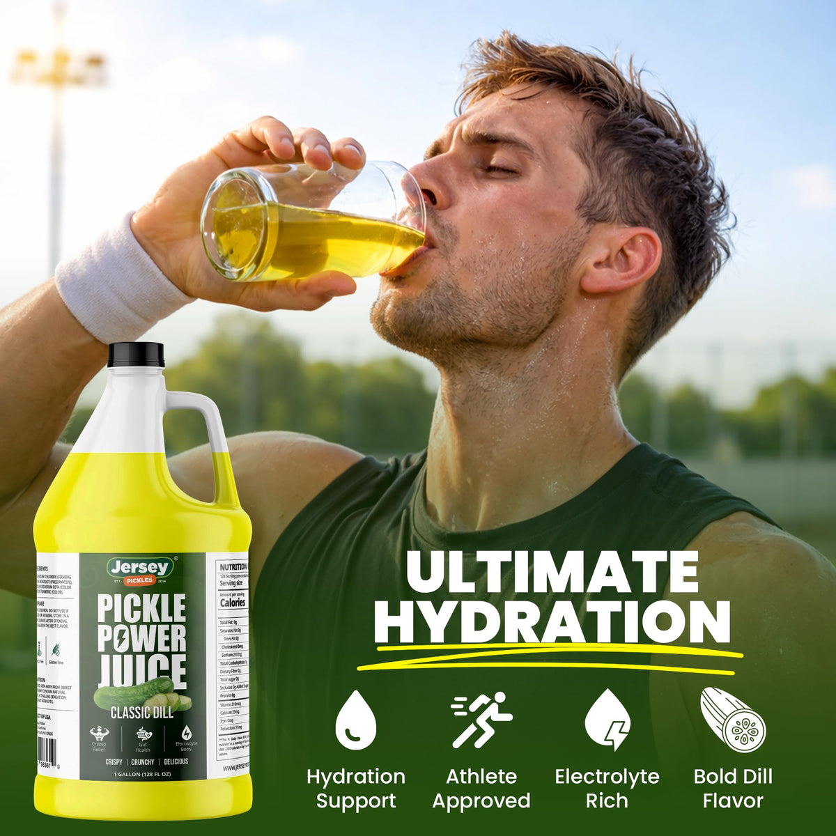 Jersey Pickles pickle power juice glass pour highlights convenient on-the-go hydration.