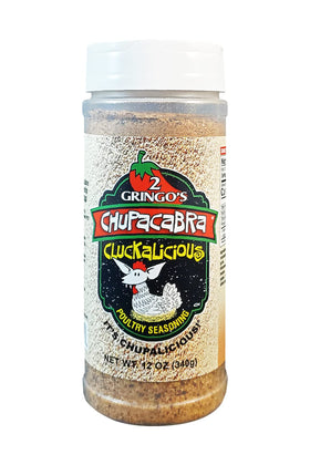 JERVAMNI Gringo's Chupacabra seasoning jar on a wooden surface adds bold poultry flavor.