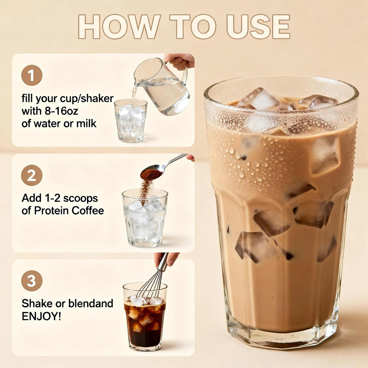 JERYMVA Caramel Protein Iced Coffee travel-pack emphasizing portability