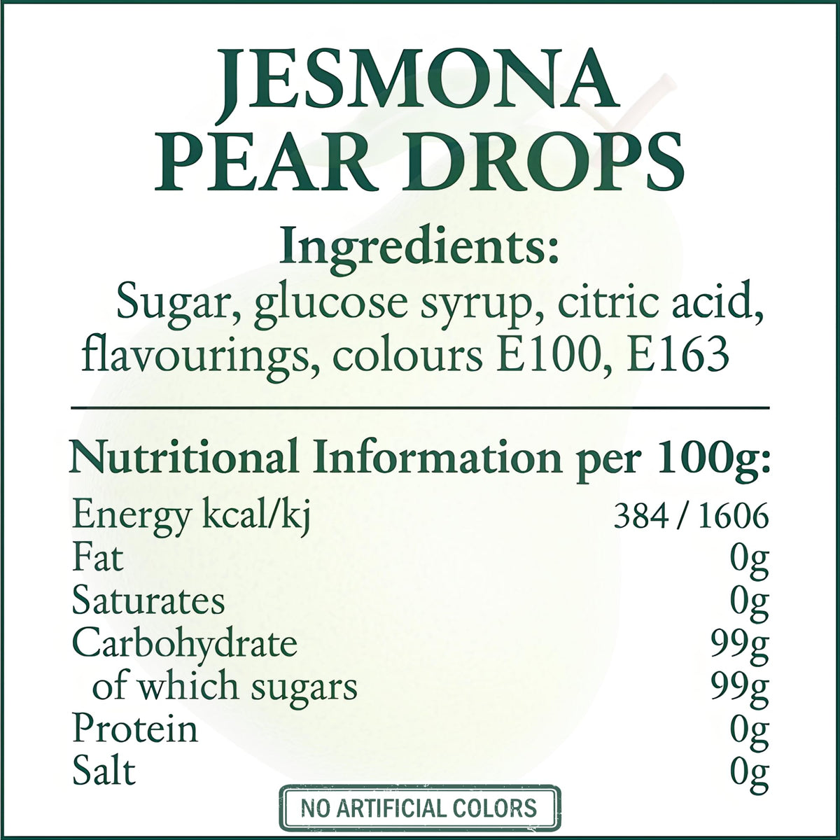 Jesmona Pear Drops tin open reveals glossy hard candies.