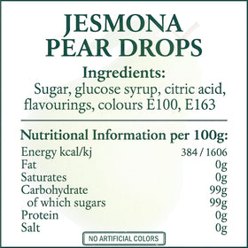 Jesmona Pear Drops tin open reveals glossy hard candies.