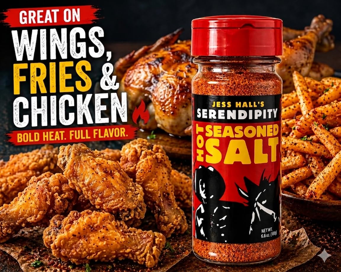 Wings with Serendipity hot seasoned salt gain craveable heat and savory depth.