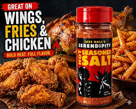 Wings with Serendipity hot seasoned salt gain craveable heat and savory depth.