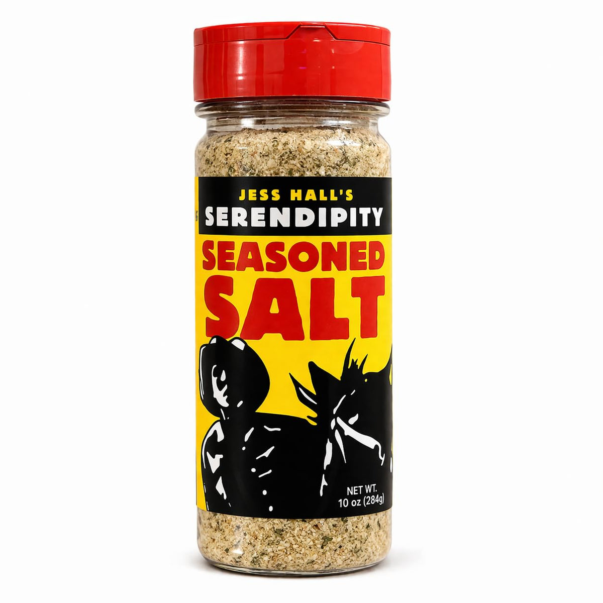 Jess Hall's Serendipity Seasoned Salt bottle front view for bold restaurant-style flavor