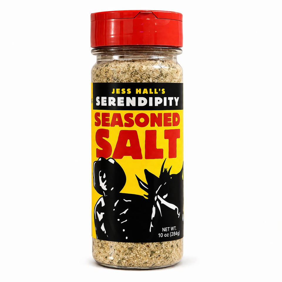 Jess Hall's Serendipity Seasoned Salt bottle front view for bold restaurant-style flavor