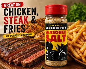 Close-up of Jess Hall's Serendipity Seasoned Salt jar highlighting garlic onion blend