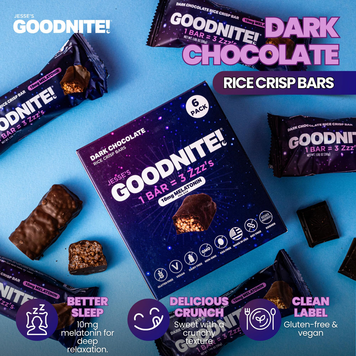 Close-up of Jesse's WakeUP! GOODNITE dark chocolate bar's rich texture.