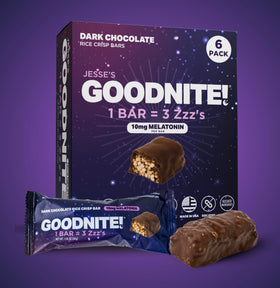 Nighttime snack scene featuring Jesse's WakeUP! GOODNITE bar.