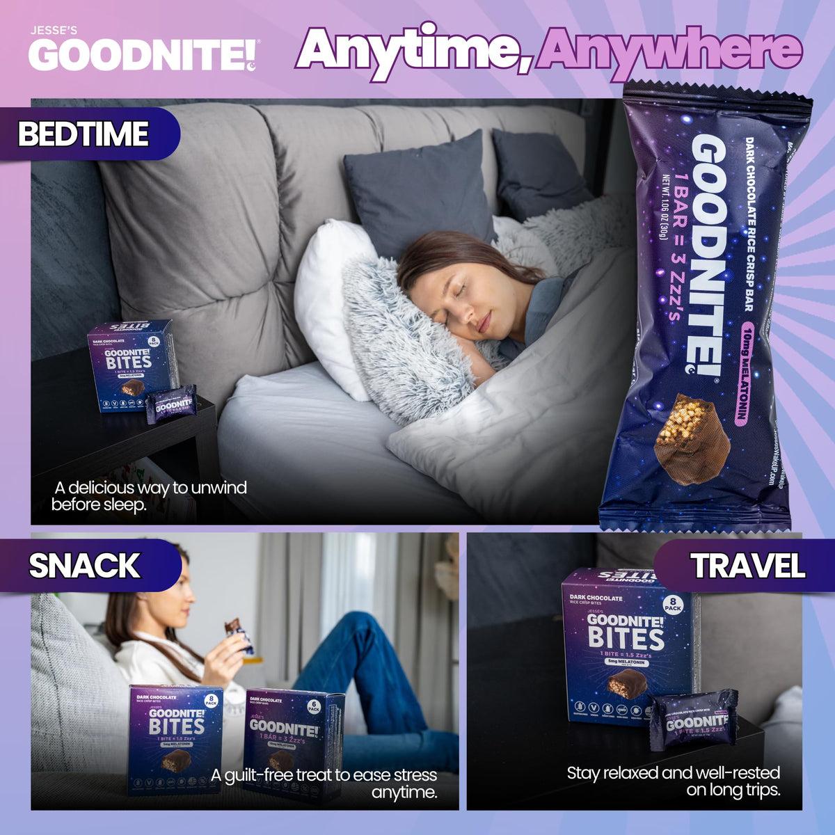 Six-pack packaging of Jesse's WakeUP! GOODNITE bars for easy stocking.