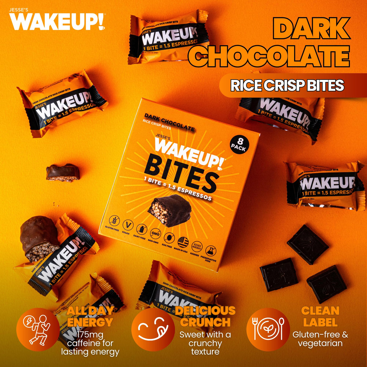 WAKEUP! bar closeup showing crunchy texture and chocolate coating