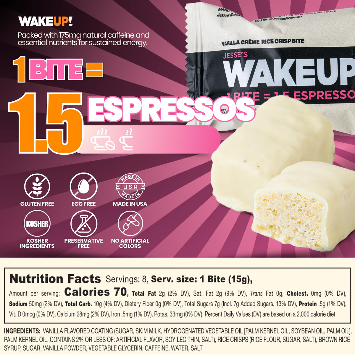 Jesse's WakeUP! bite vanilla creme texture with crispy rice crunch.