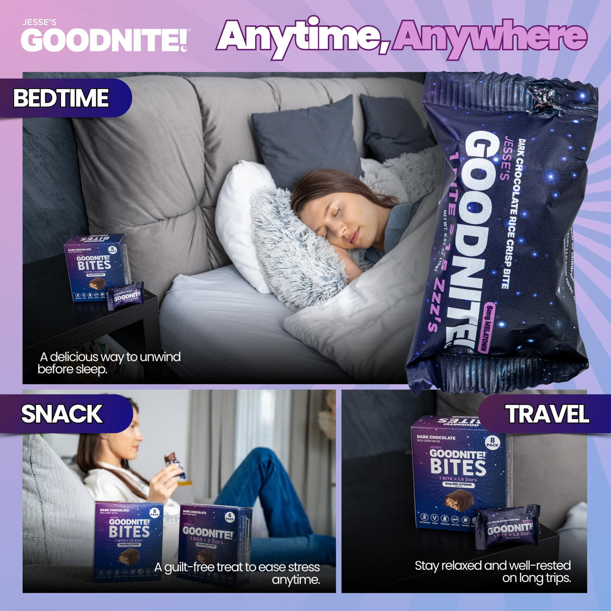 GoodNite Sleep Bites bite between fingers highlights rich chocolate