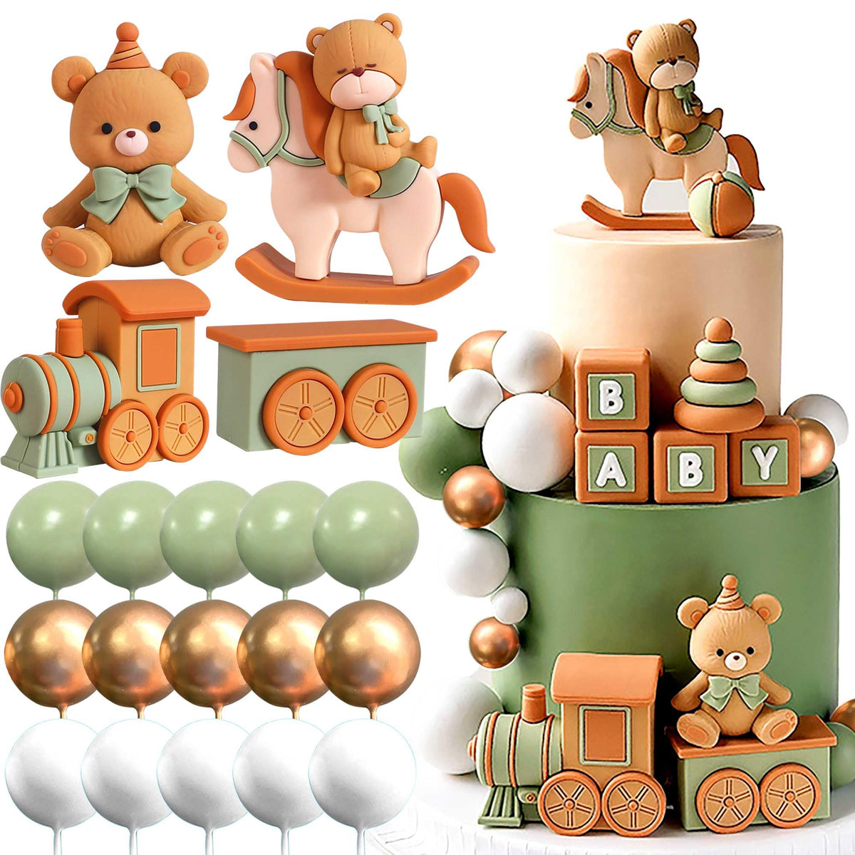 JeVenis Sage Green Bear cake topper for baby showers and desserts