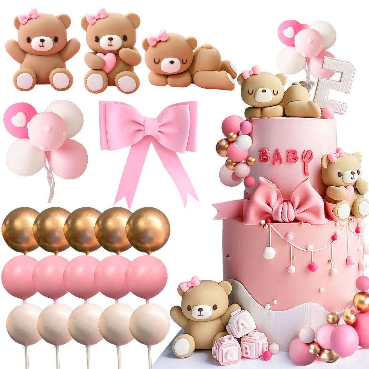 JeVenis teddy bear cake decoration set creates a charming centerpiece for celebrations.