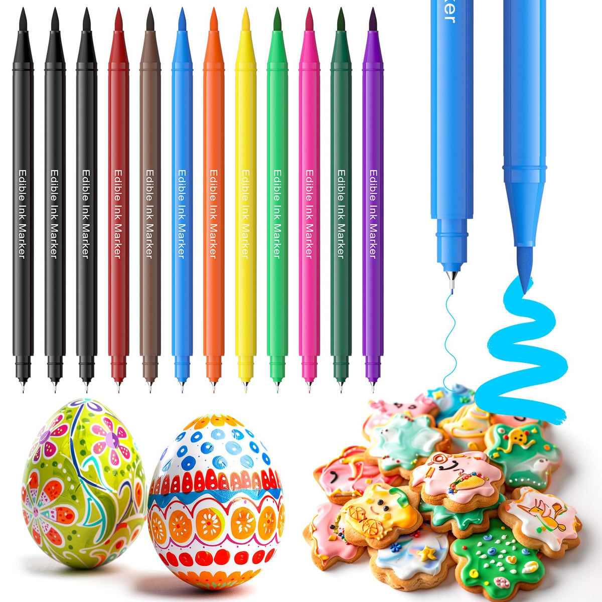 Jewem edible markers 12-pack dual tips close-up for precise cookie designs.