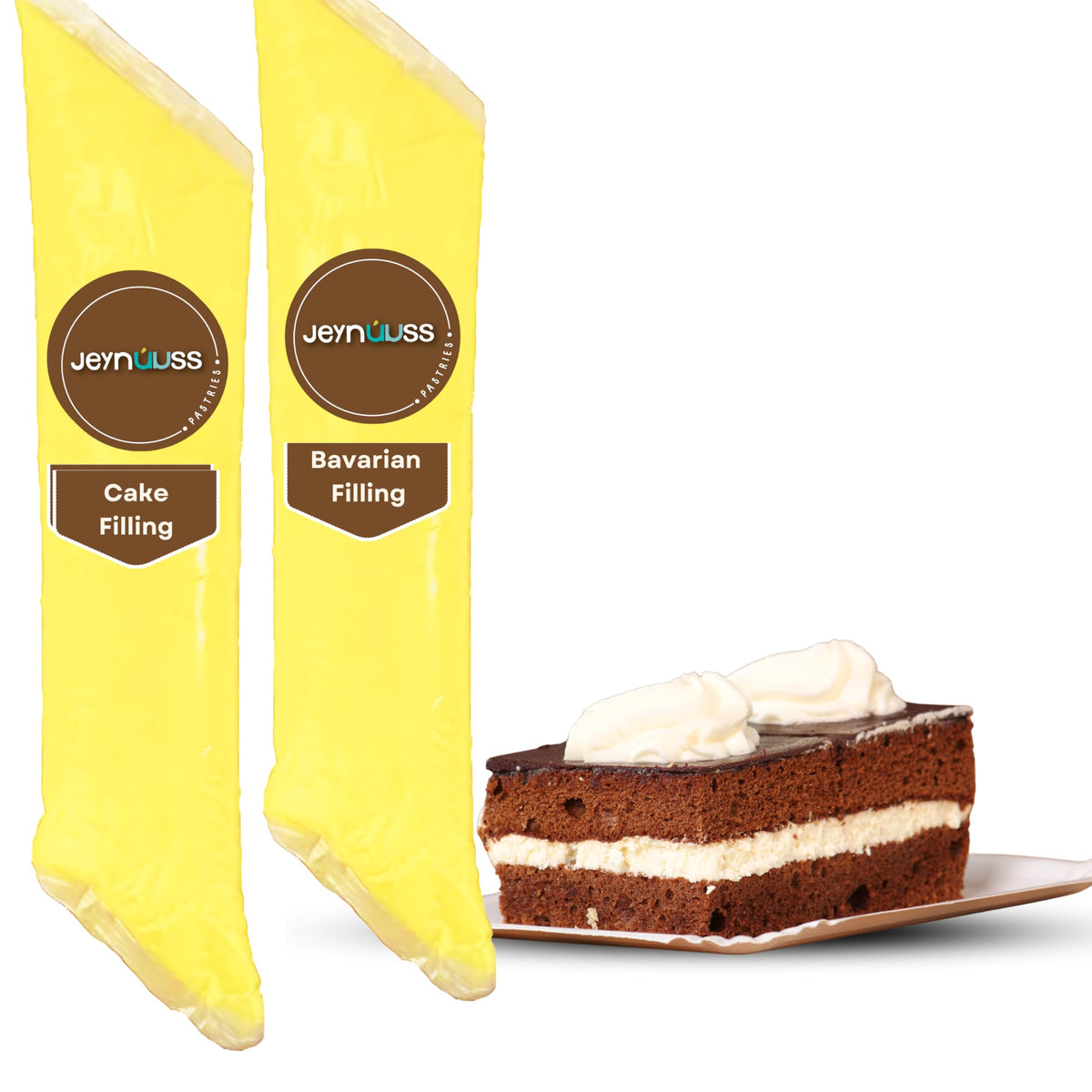 Jeynúuss Bavarian Cream Filling Pack 2 tube front view for convenient, mess-free bakery use.