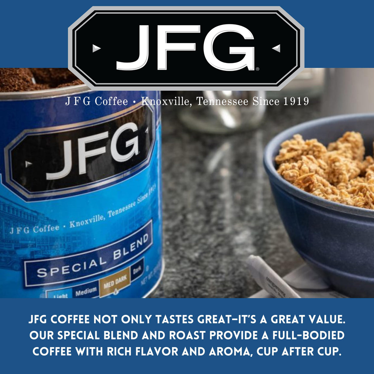 JFG auto-drip compatible coffee for easy machine brewing.