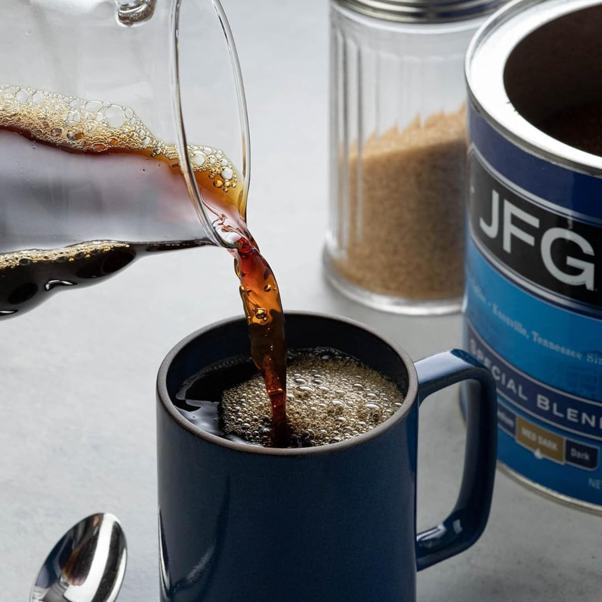 JFG medium-dark roast with balanced flavor and inviting aroma.