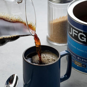 JFG Special Blend cup with steam hints café-quality aroma