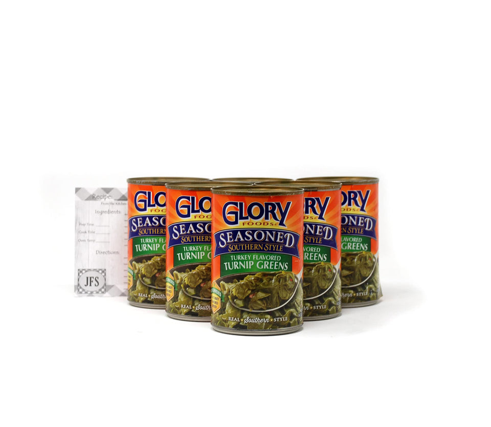 JFS Glory smoked turkey-flavored turnip greens can front, quick heat-and-serve Southern side.