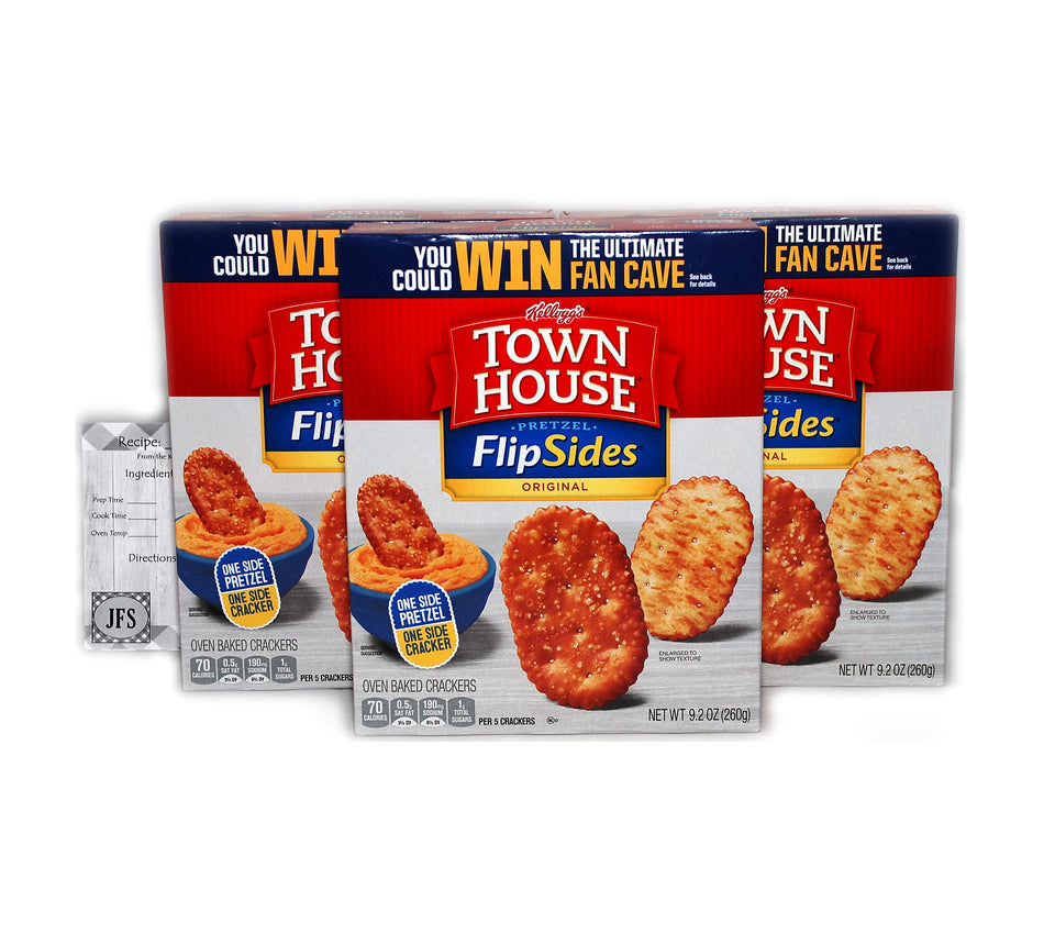JFS Grocery Pretzel Flipsides Townhouse Crackers 3-pack boxes displayed for pantry snacking.