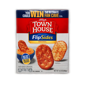 JFS Grocery Pretzel Flipsides Townhouse Crackers with dipping idea, showcasing dual texture bite.