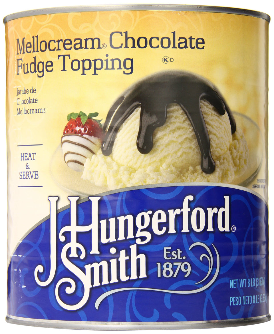 J. Hungerford Smith mellocream fudge topping can with glossy finish ideal for draping desserts