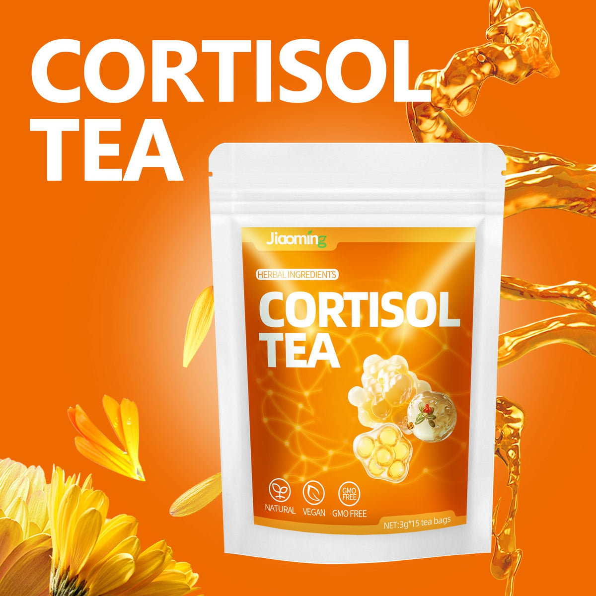 Jiaoming cortisol tea bottle closeup emphasizing premium blend and soothing aroma.