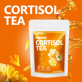 Jiaoming cortisol tea bottle closeup emphasizing premium blend and soothing aroma.