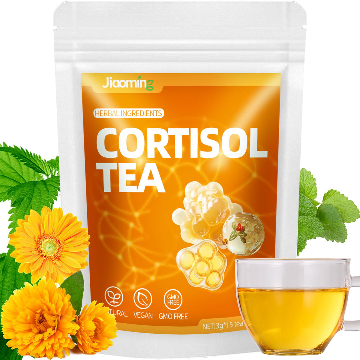 Jiaoming cortisol tea packaging highlights natural calming ingredients for daily stress support.