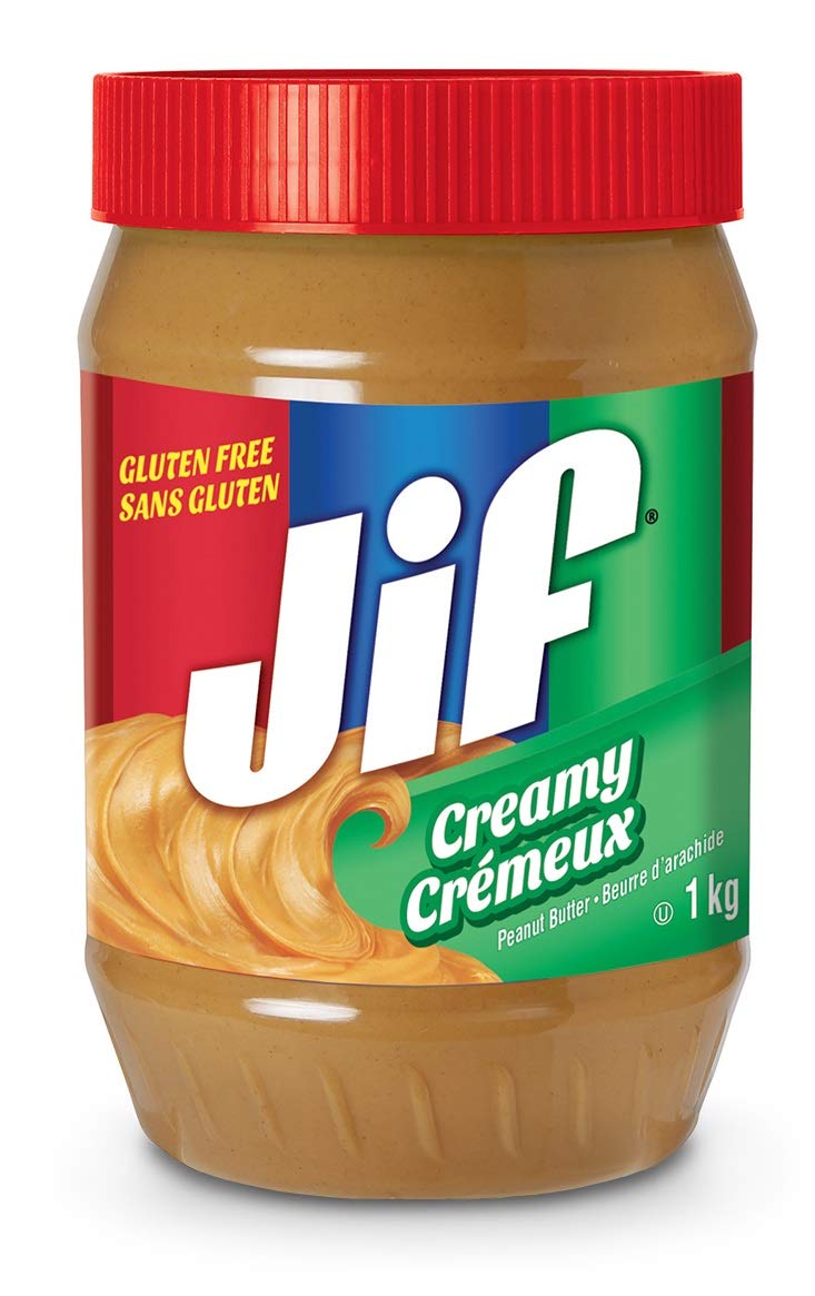 Jif Creamy Peanut Butter 1kg jar, smooth texture ready for quick spreads.