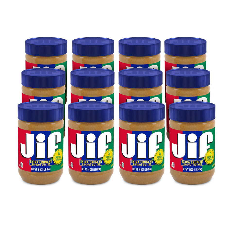 Jif Crunchy Peanut Butter jar on shelf, showcasing rich texture for bold sandwiches.