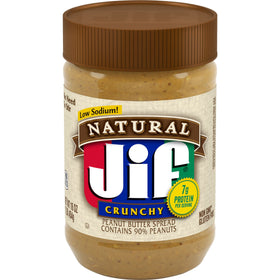 Jif Natural Crunchy Peanut Butter Spread jars stacked, highlighting 90% peanuts for a protein-rich snack.
