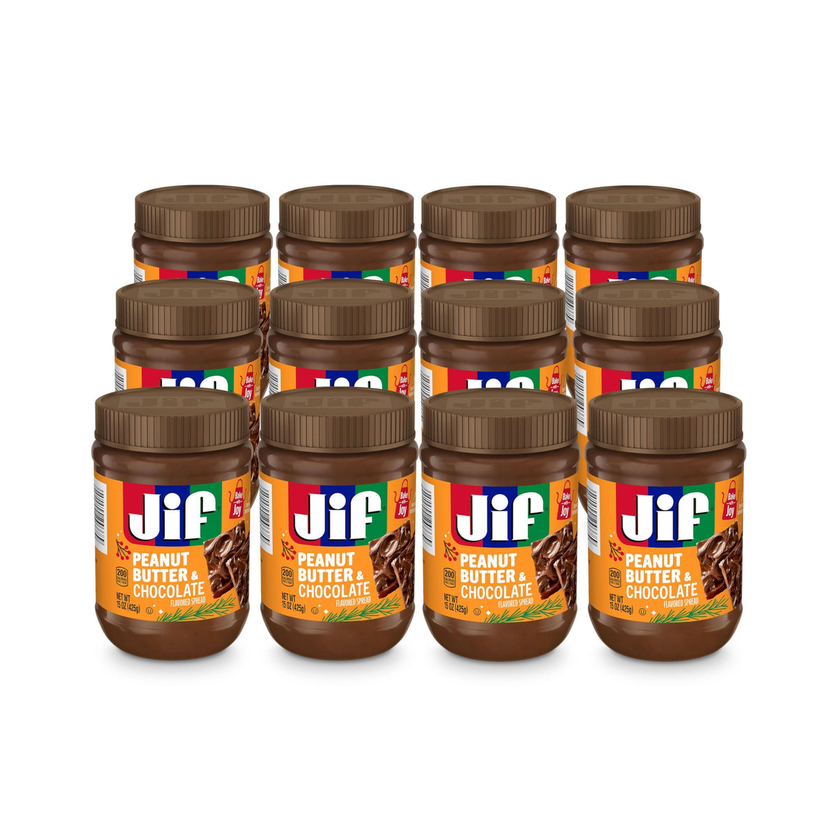 Jif holiday edition peanut butter and chocolate spread jar for baking.