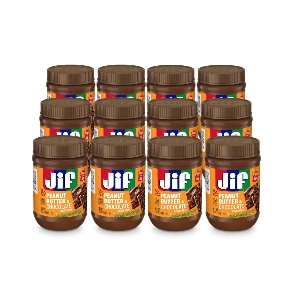 Jif holiday edition peanut butter and chocolate spread jar for baking.