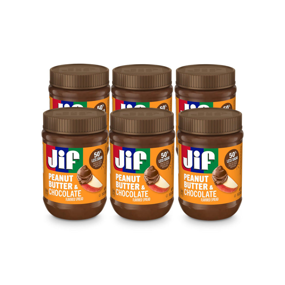 Jif Peanut Butter and Chocolate Spread jar shows creamy texture for dips, spreads, and desserts