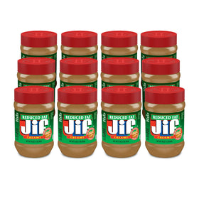 Jif Reduced Fat Creamy Peanut Butter jar top view highlights smooth spreading texture.