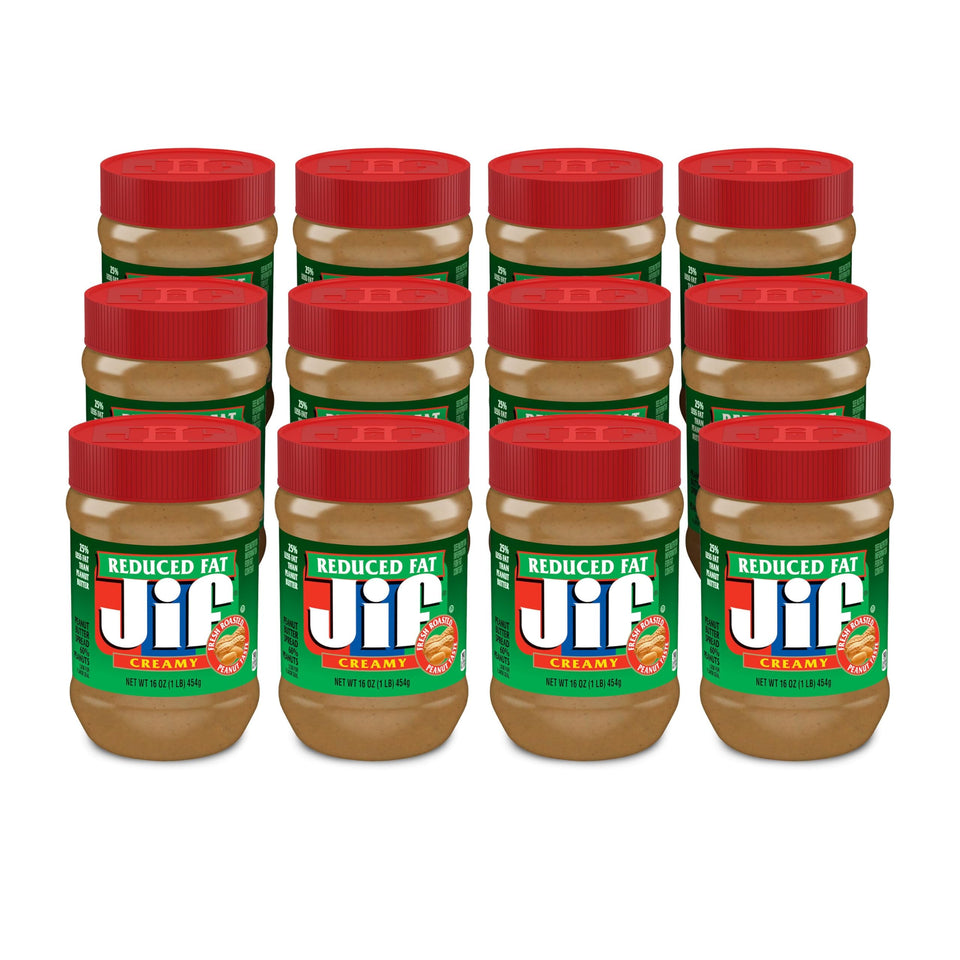 Jif Reduced Fat Creamy Peanut Butter jar top view highlights smooth spreading texture.