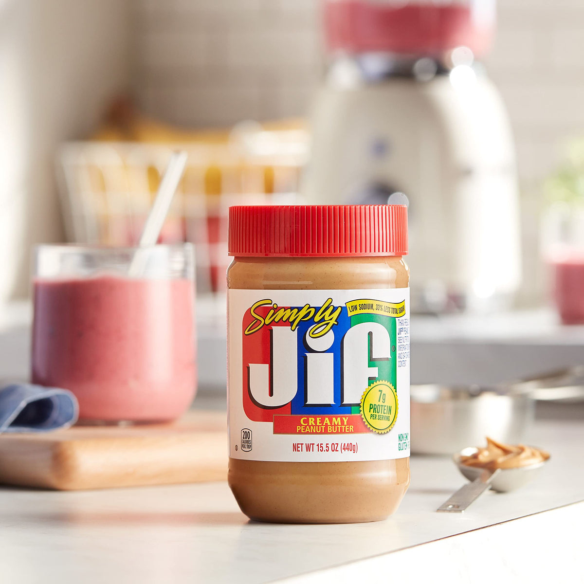 Spoonful of Jif Simply Creamy in a mixing bowl
