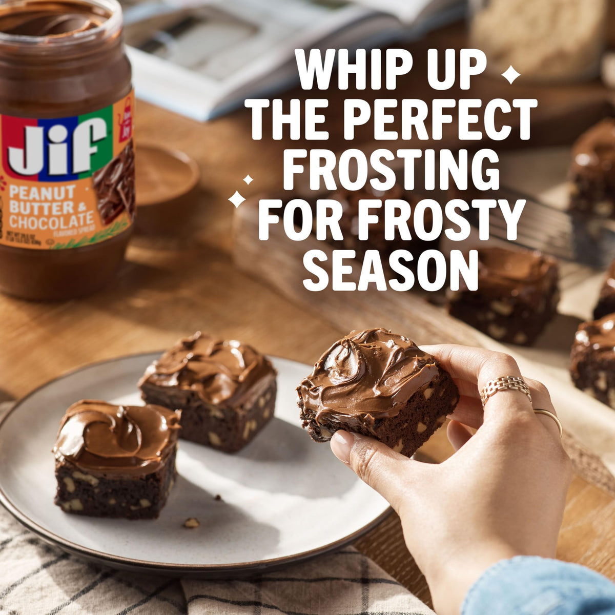 Jif spread with 50% less sugar than leading hazelnut spread.