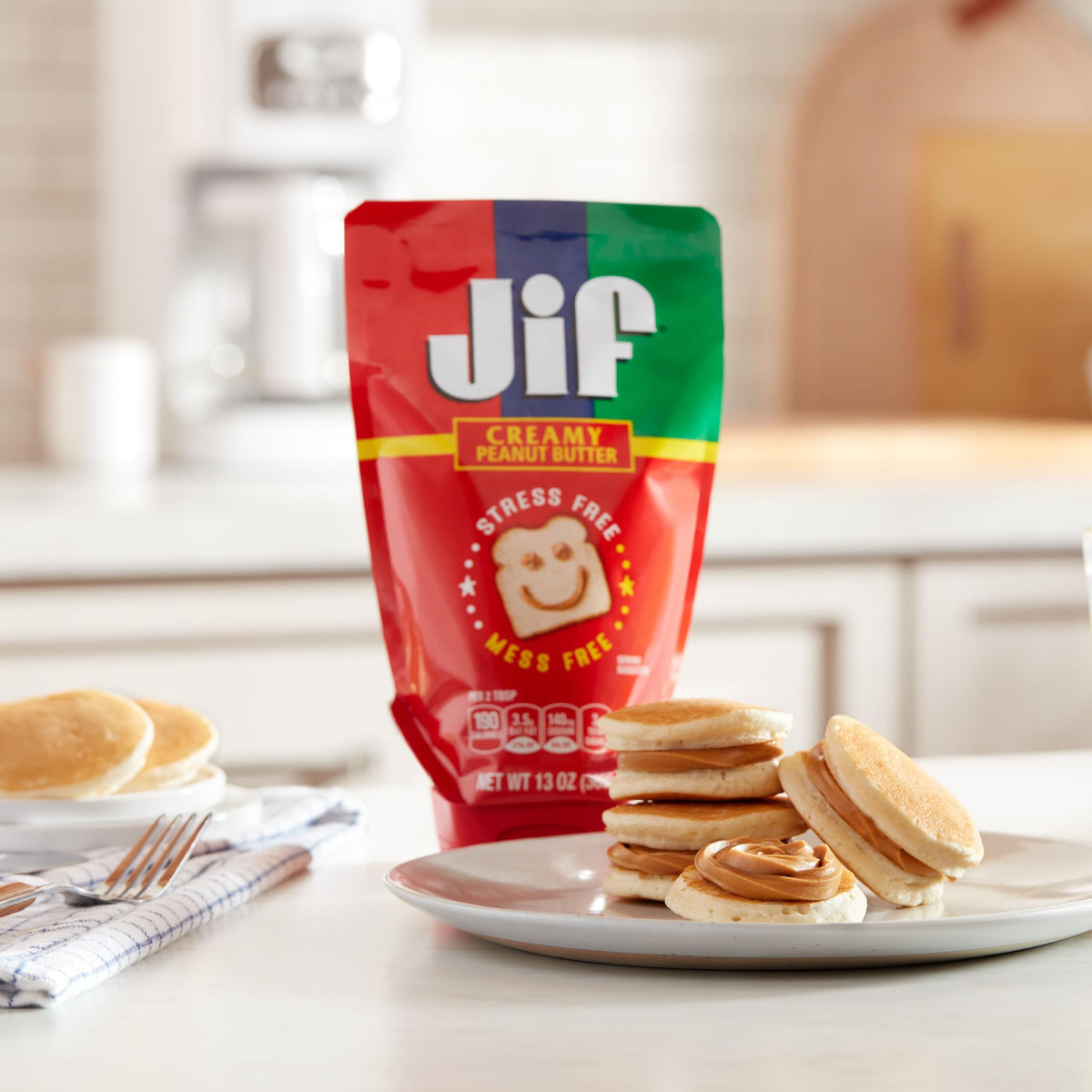 Jif Squeeze Creamy Peanut Butter pouch baking-friendly option for cookies and treats.