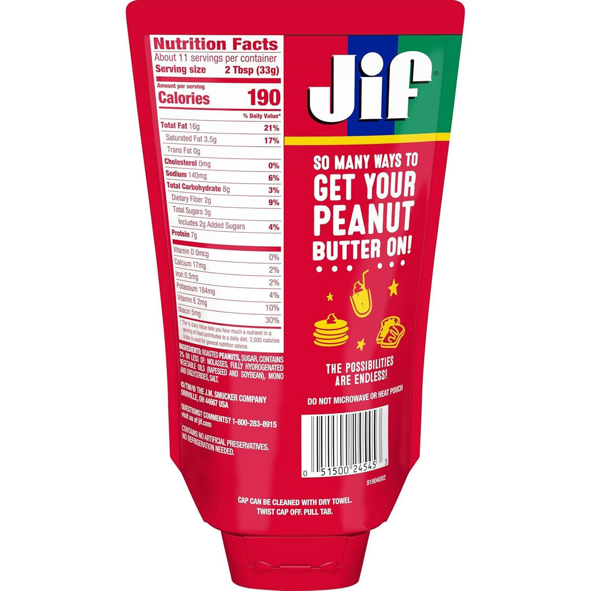 Jif Squeeze Creamy Peanut Butter pouch easy-open feature for quick servings.