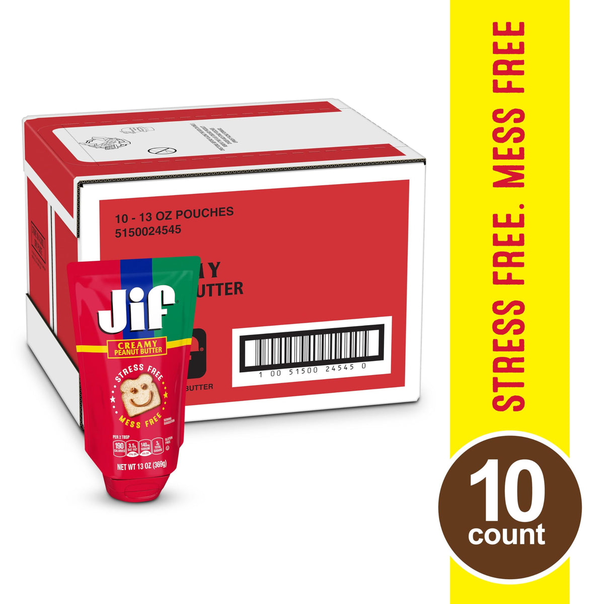 Jif Squeeze Creamy Peanut Butter pouch on shelf demonstrates easy storage for busy families.
