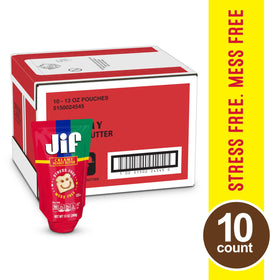 Jif Squeeze Creamy Peanut Butter pouch on shelf demonstrates easy storage for busy families.