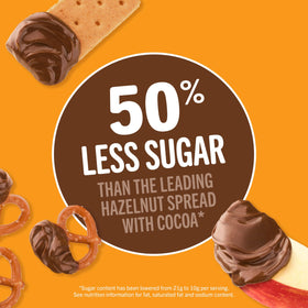 Jif To Go cups dipping pretzels with creamy chocolate-peanut flavor.