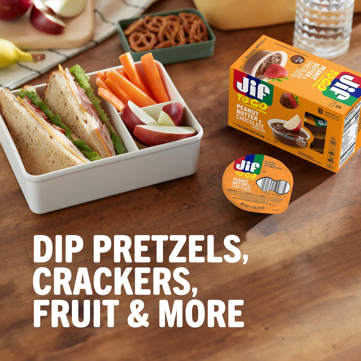 Jif To Go front label highlighting portable peanut butter chocolate flavor.