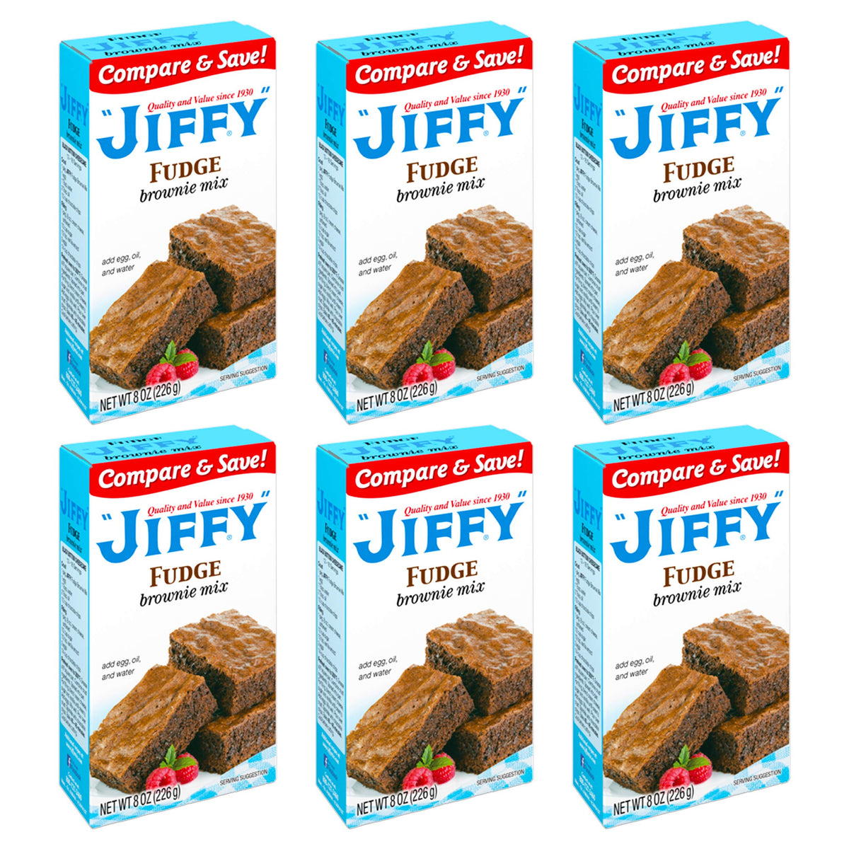 Jiffy Pop fudge brownie mix packaging on display, ideal for quick dessert prep.