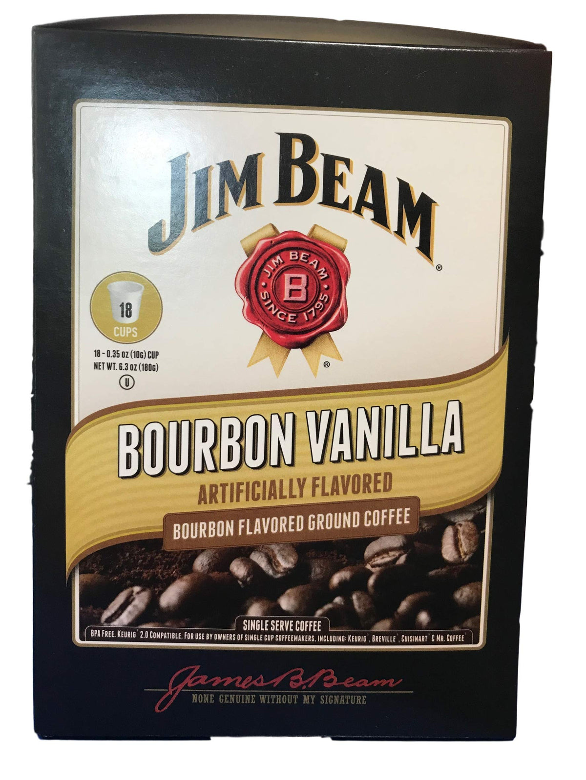 Jim Beam Bourbon Vanilla 18-count pack displayed beside a mug for quick mornings.